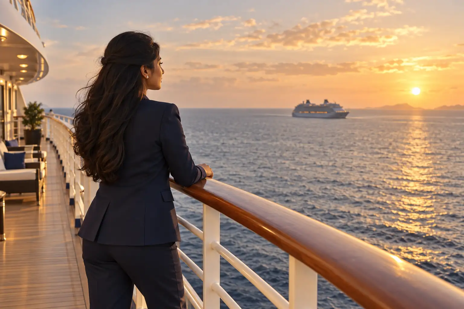 A young professional standing at the railing of a cruise ship deck, looking out over the sea at sunset