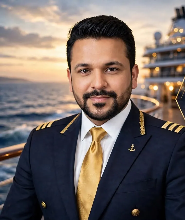 Ankur Kumar Mishra in uniform on a cruise ship deck